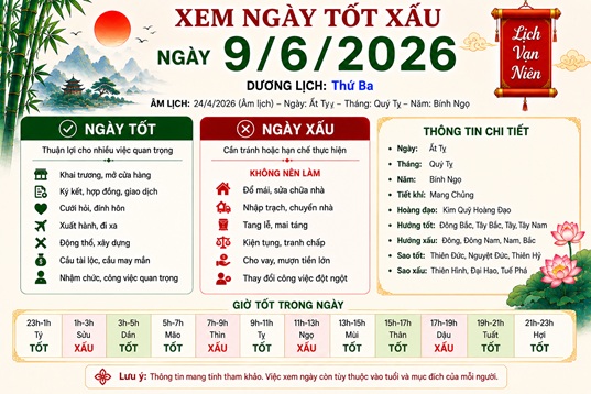 Xem tử vi ngày 9-6-2026 thứ 3 của 12 con giáp chi tiết nhất